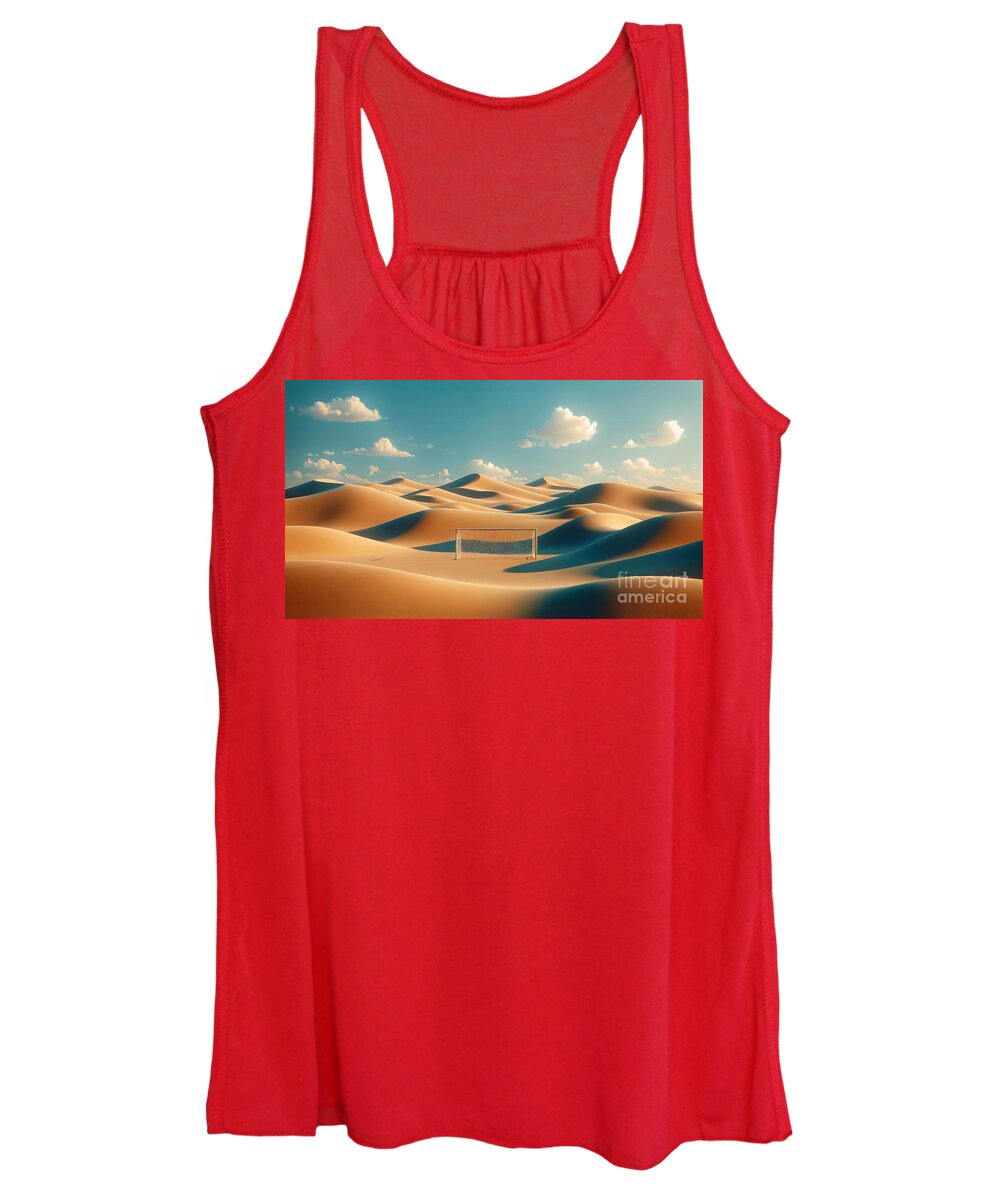 Soccer Women's Tank Top featuring the digital art A single soccer goal stands alone in the middle of rolling sand dunes under a clear sky by Odon Czintos