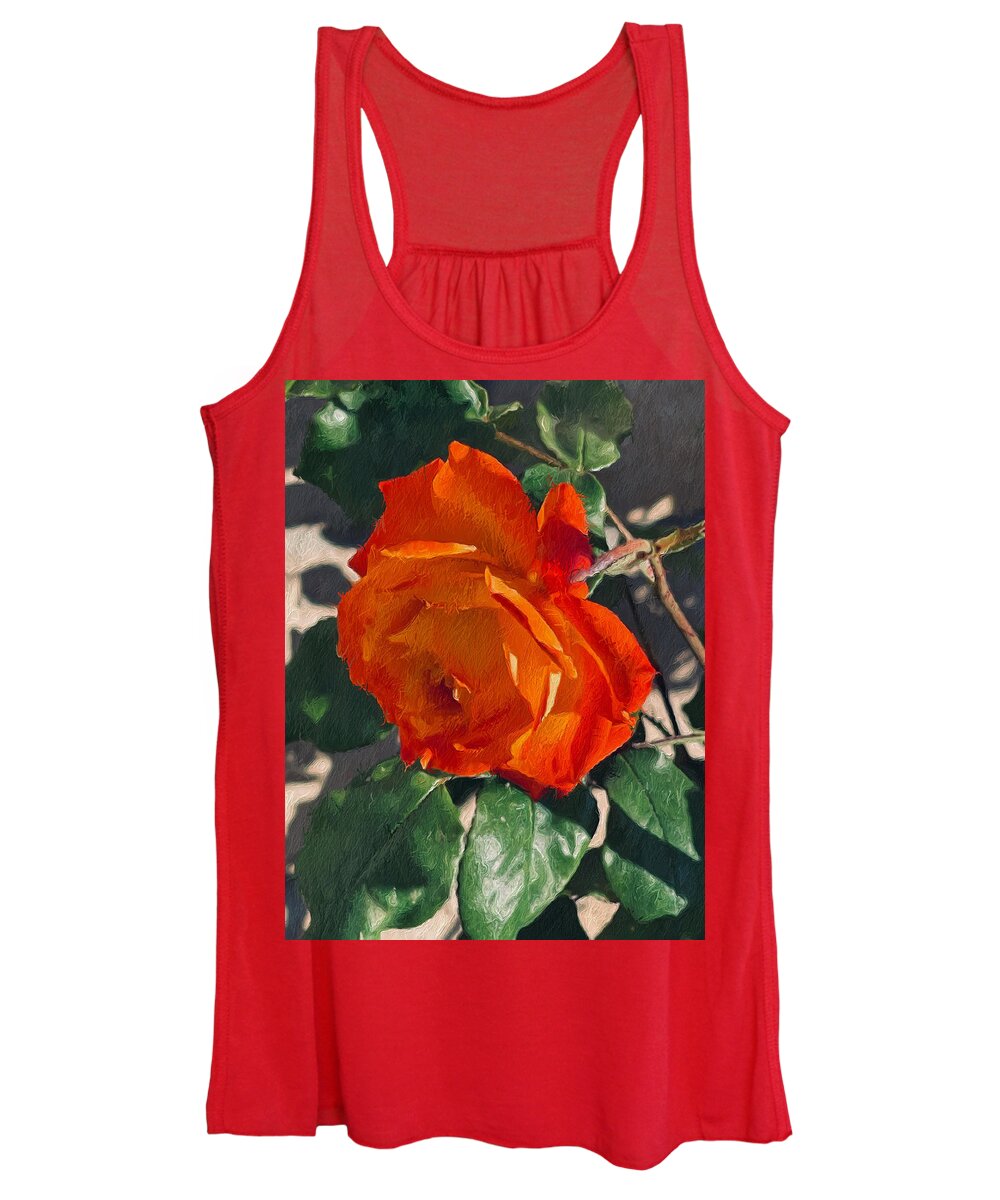 Abstract Tangerine Rose Green Leaves Tan Wall Brown Stem Yellow Women's Tank Top featuring the digital art Abstract Tangerine Rose by Kathleen Boyles