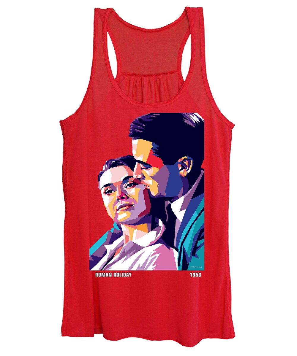 Synopsis Women's Tank Top featuring the digital art Audrey Hepburn and Gregory Peck, ''Roman Holiday'', with synopsis by Movie World Posters