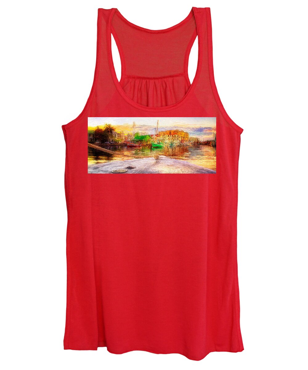 Belize Women's Tank Top featuring the mixed media Belize City Harbor at sunset by Tatiana Travelways