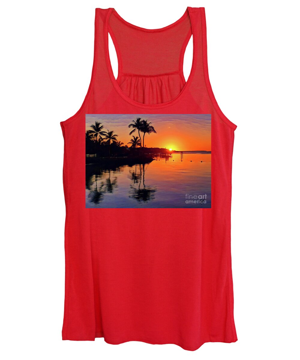Islamorada Calm Carefree Golden Orange Glow Sunset Violet Reflections Dock Boat Water Peace Serenity Happiness Sky Palm Trees Reflections Eileen Kelly Artistic Aftermath Live Love Light Horizon Hope Art Artist Wall Canvas Prints Women's Tank Top featuring the digital art Calm Carefree Reflections by Eileen Kelly
