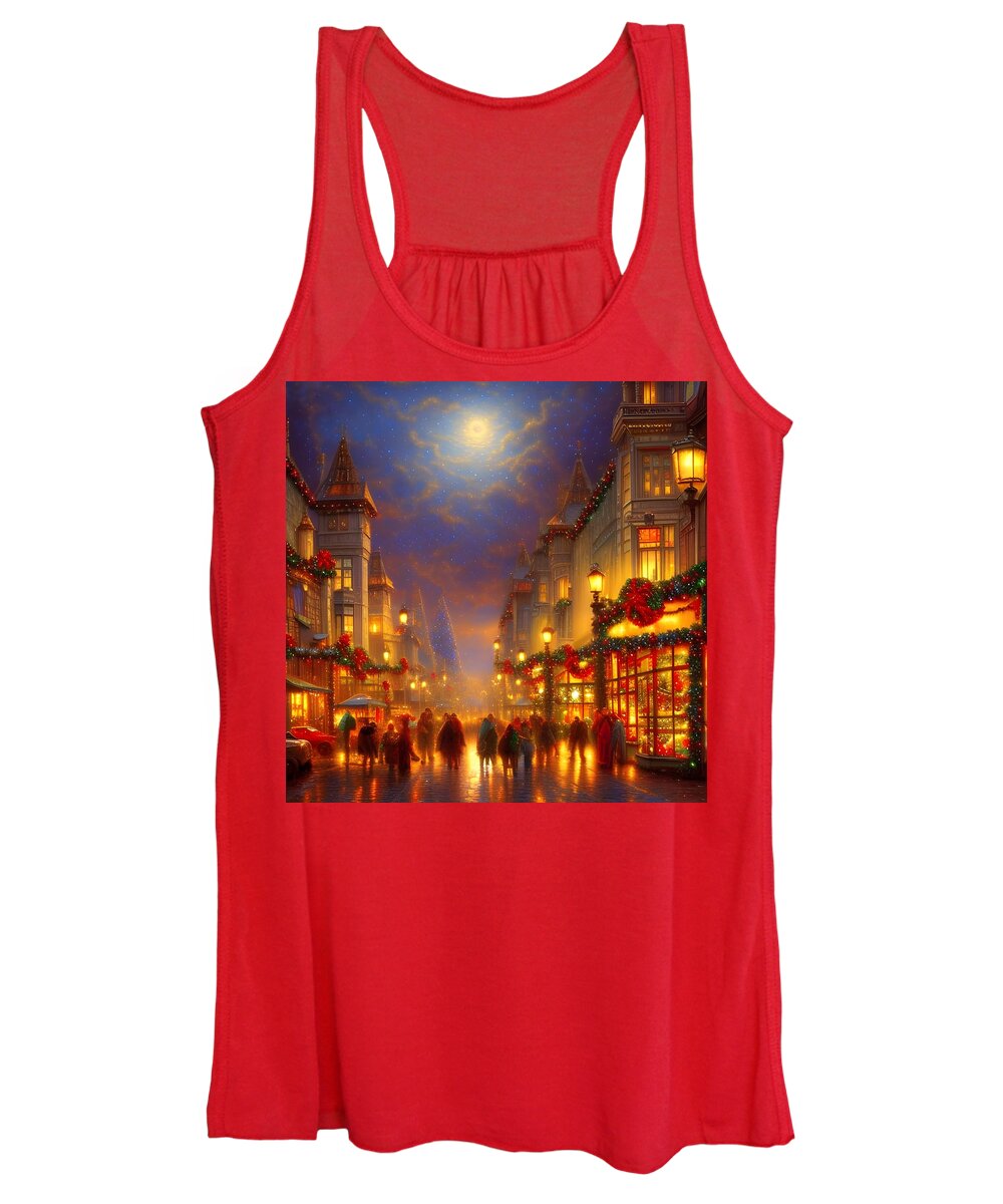Digital Christmas Shopping People Lights Women's Tank Top featuring the digital art Christmas Eve Shopping by Beverly Read