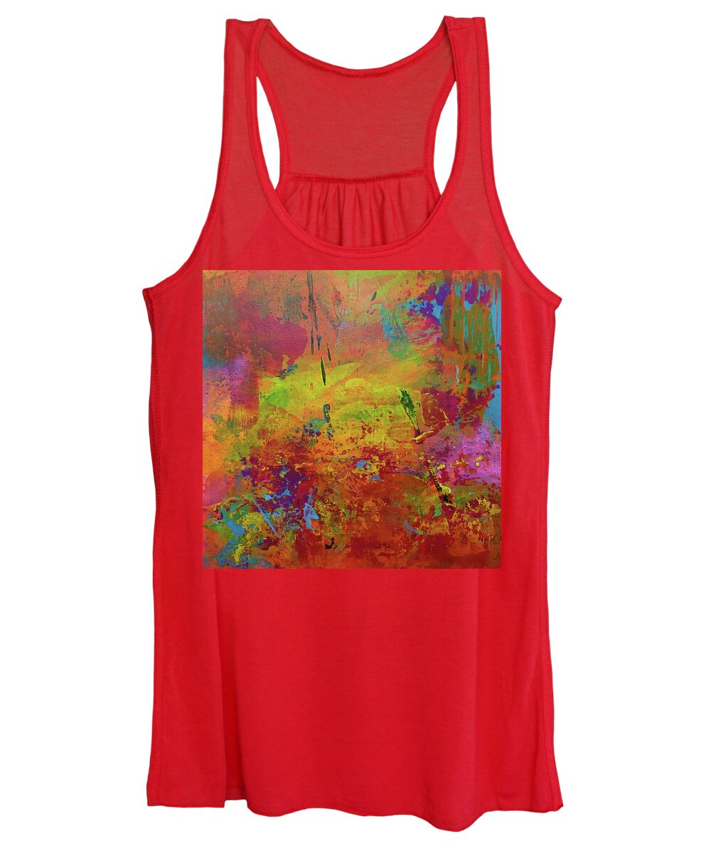 Bright Women's Tank Top featuring the painting DANCE OF THE FIREBIRDS Abstract Painting Red Orange Yellow Pink Blue by Lynnie Lang