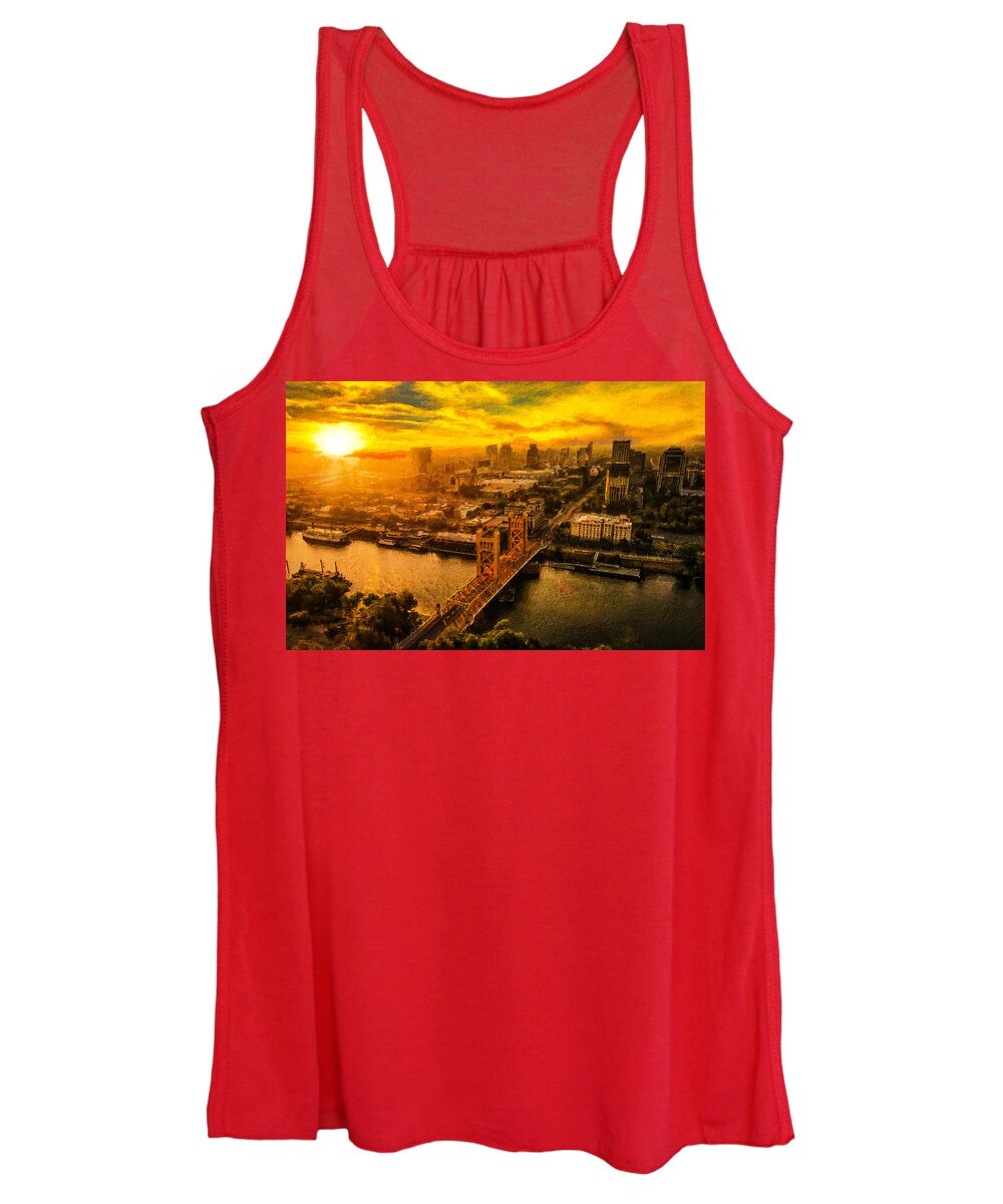 Sacramento Women's Tank Top featuring the digital art Downtown Sacramento and Tower Bridge at sunset - digital painting by Nicko Prints