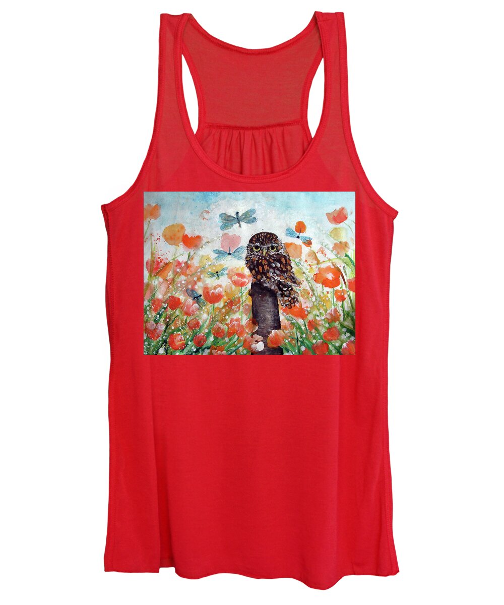 Here's Looking At You The Owl And The Dragon Flies Women's Tank Top featuring the painting Here's Looking at YOU The Owl and the Dragonflies by Ashleigh Dyan Bayer