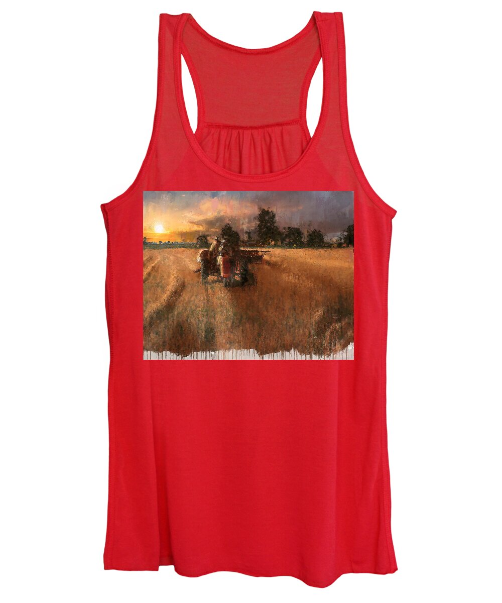 Sunset Women's Tank Top featuring the painting Oat Harvest at Sunset - 1940s by Glenn Galen