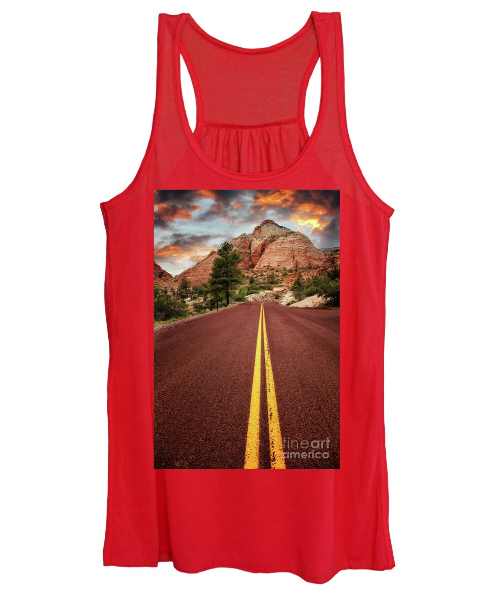 Road Women's Tank Top featuring the photograph On the road in Zion at sunset, Utah, USA by Jane Rix