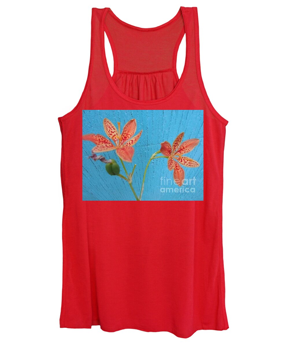 Orange Women's Tank Top featuring the photograph Orange Lily on blue by Nancy Graham