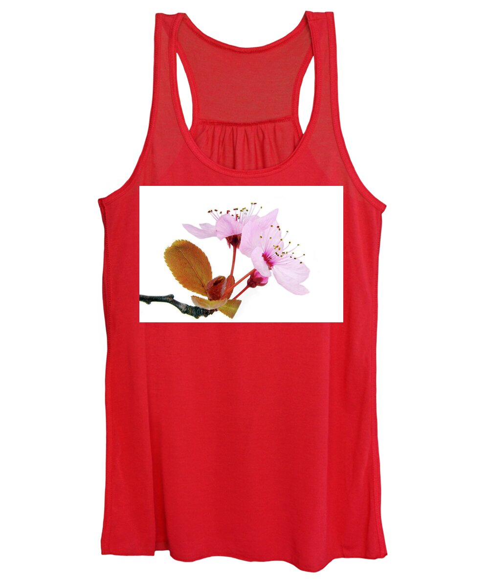Cherry Women's Tank Top featuring the photograph Pink Blossom On Twig Isolated On White by Severija Kirilovaite