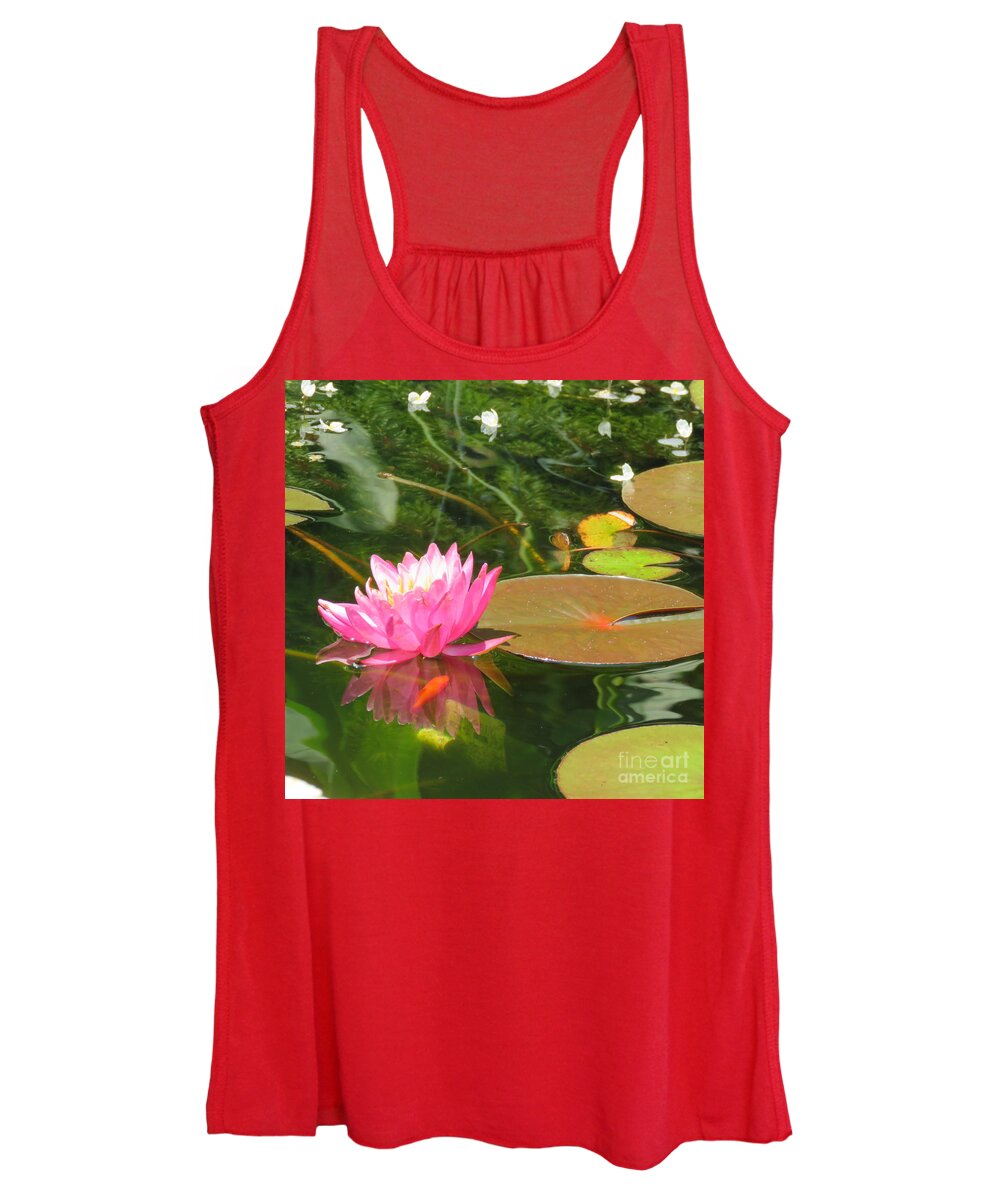 Pink Water Lily Women's Tank Top featuring the photograph Pink Pond Lily and Goldie by Anita Adams