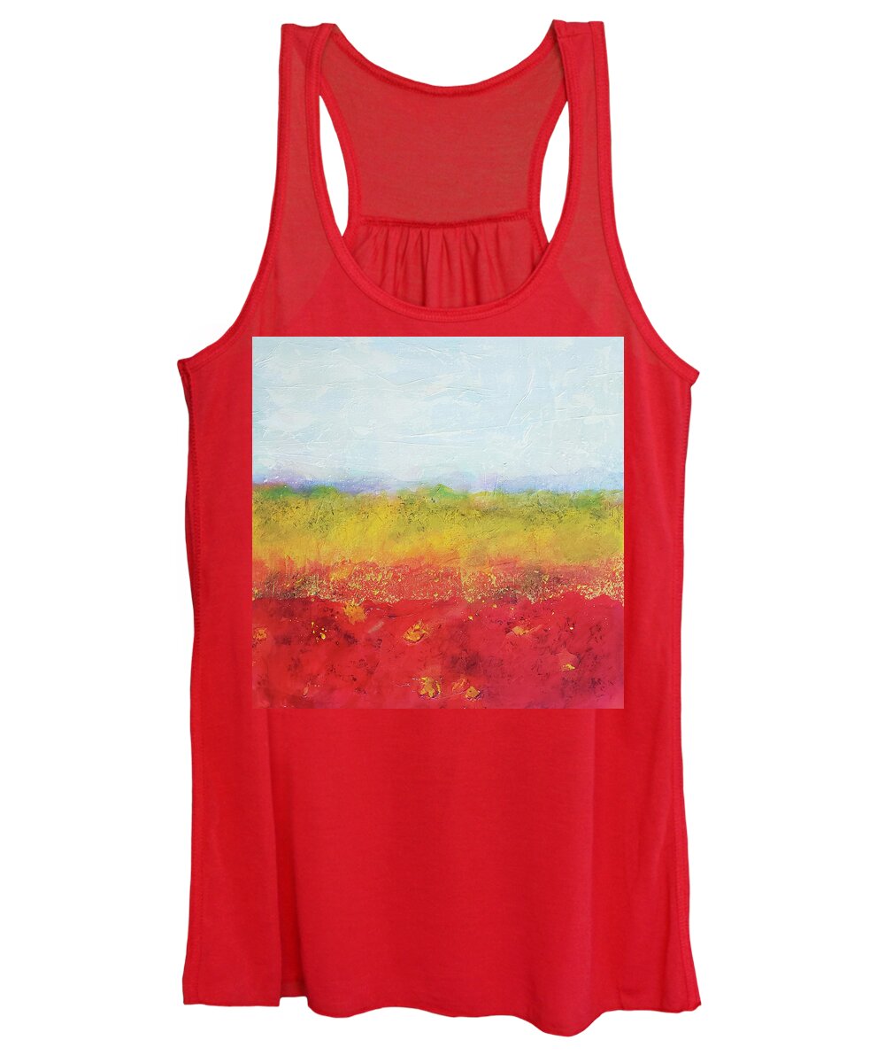 Red Earth Women's Tank Top featuring the mixed media RED EARTH Abstract Landscape in Red Yellow Blue White by Lynnie Lang