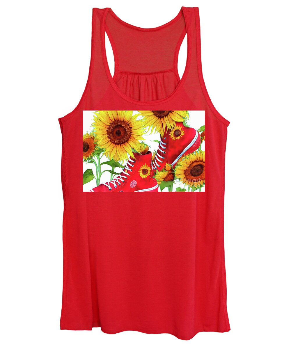 Red Sneakers Women's Tank Top featuring the painting Red High Tops And Sunflowers by Tina LeCour