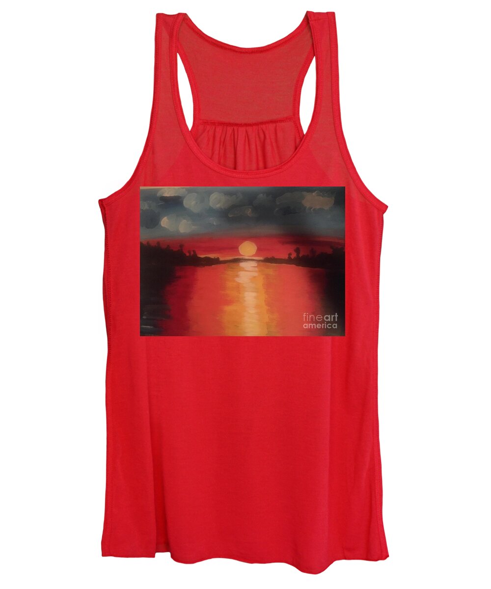 Red Hot Sunset Heat Beauty Nature Love Muskoka Cottage Country Canada Women's Tank Top featuring the painting Red Hot Sunset by Nina Jatania