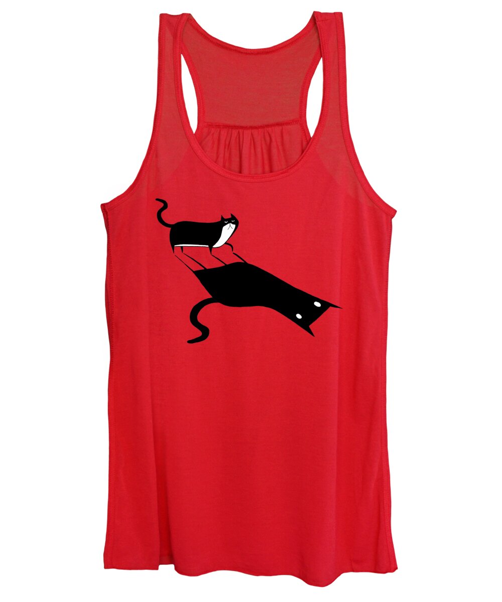 Cat Feline Pet Animal Moggie Tuxedo Prowl Hunt Shadow Light Light And Shadow Stretched Dark Eyes Ears Tail Spooky Whimsical Fun Cartoon Illustration Drawing Pen And Ink Ink Drawing Monochrome Black And White Women's Tank Top featuring the drawing Shadow by Andrew Hitchen
