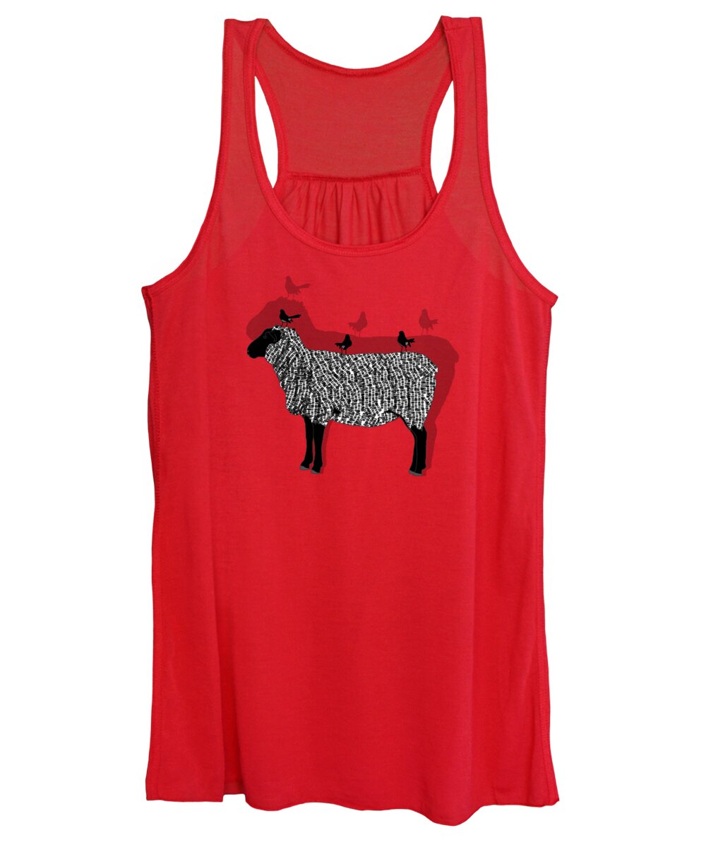 Black Faced Sheep Women's Tank Top featuring the drawing Sheep And Three Willie Wagtails Black And White Pattern by Joan Stratton