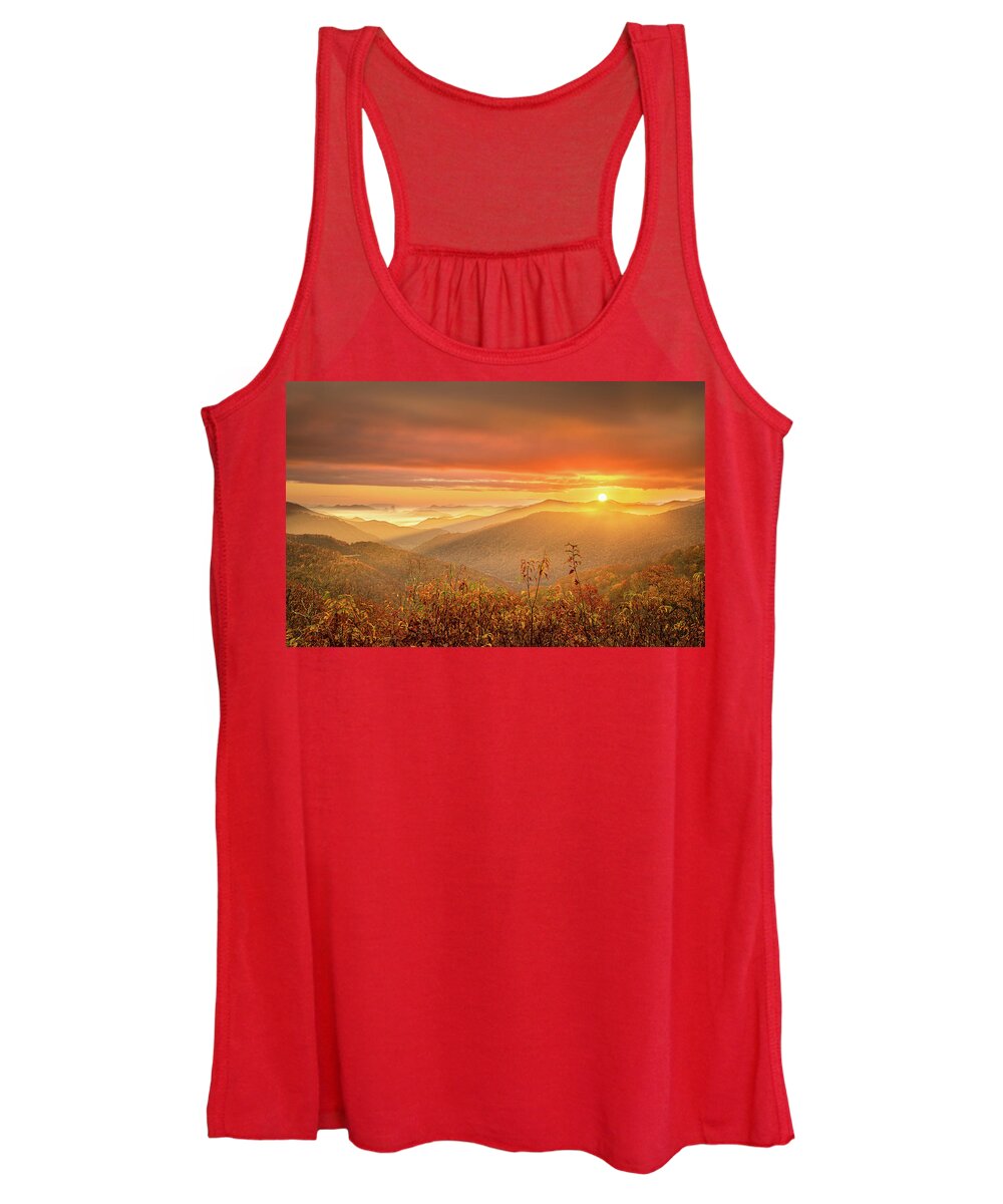 Maggie Valley Women's Tank Top featuring the photograph Sun Peeking Over The Mountains by Jordan Hill