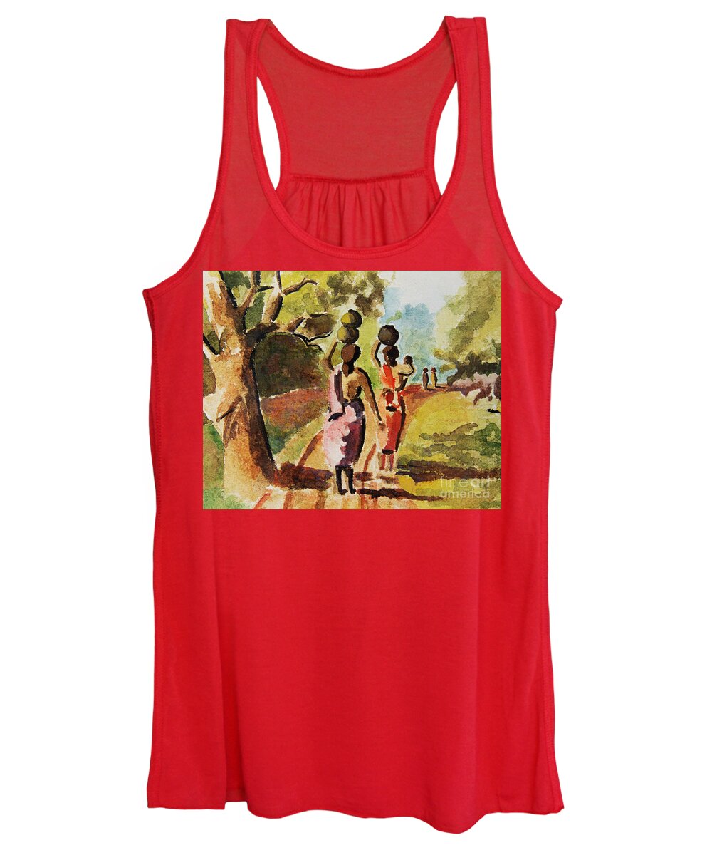 Village Women's Tank Top featuring the painting Village Scene of India by Aparna Pottabathni