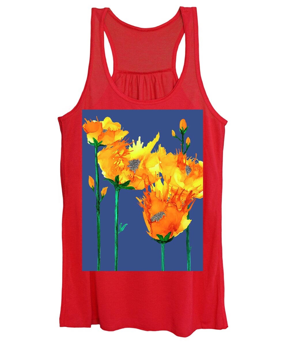 Flowers Women's Tank Top featuring the painting Blown Yellow Flowers On Blue by Deborah League