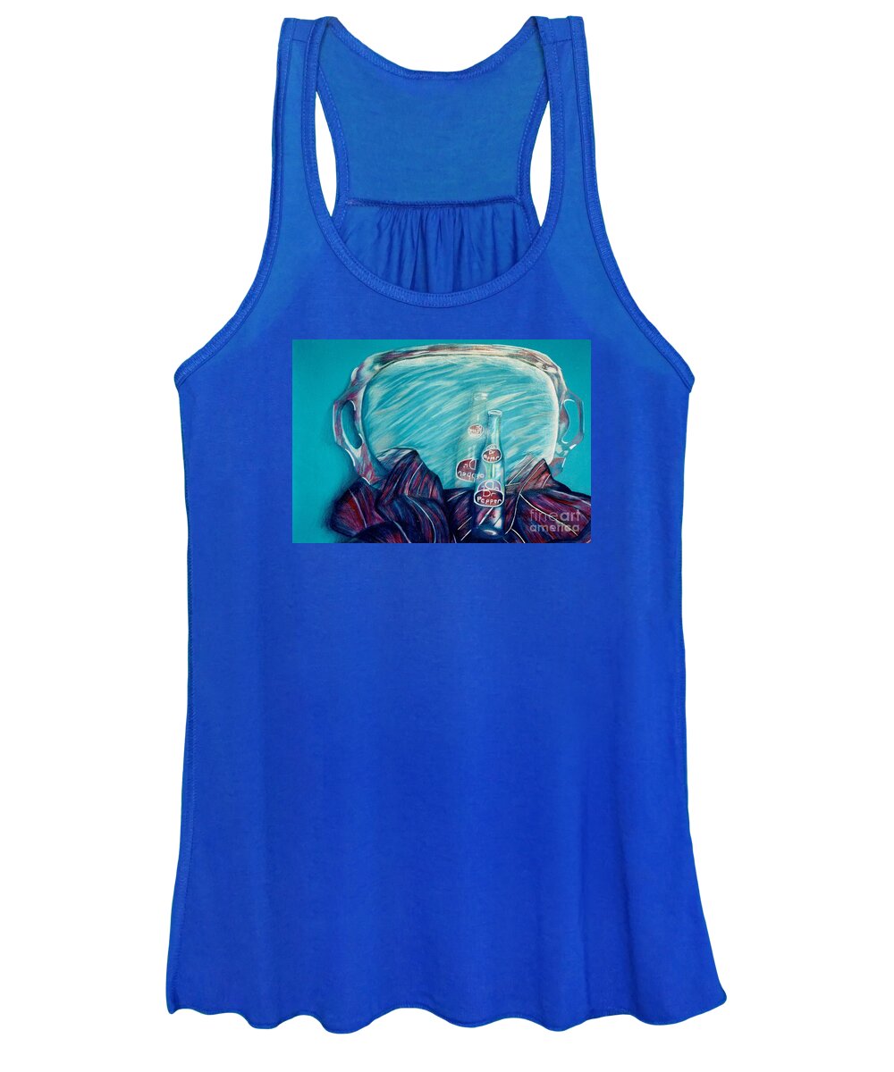 A Dr. Pepper Soft Drink Art Mirror Reflection. A Colored Pencils Art Portrait Of Glass Bottle In Reflection. Women's Tank Top featuring the drawing Bottle Reflection by Jon Kittleson