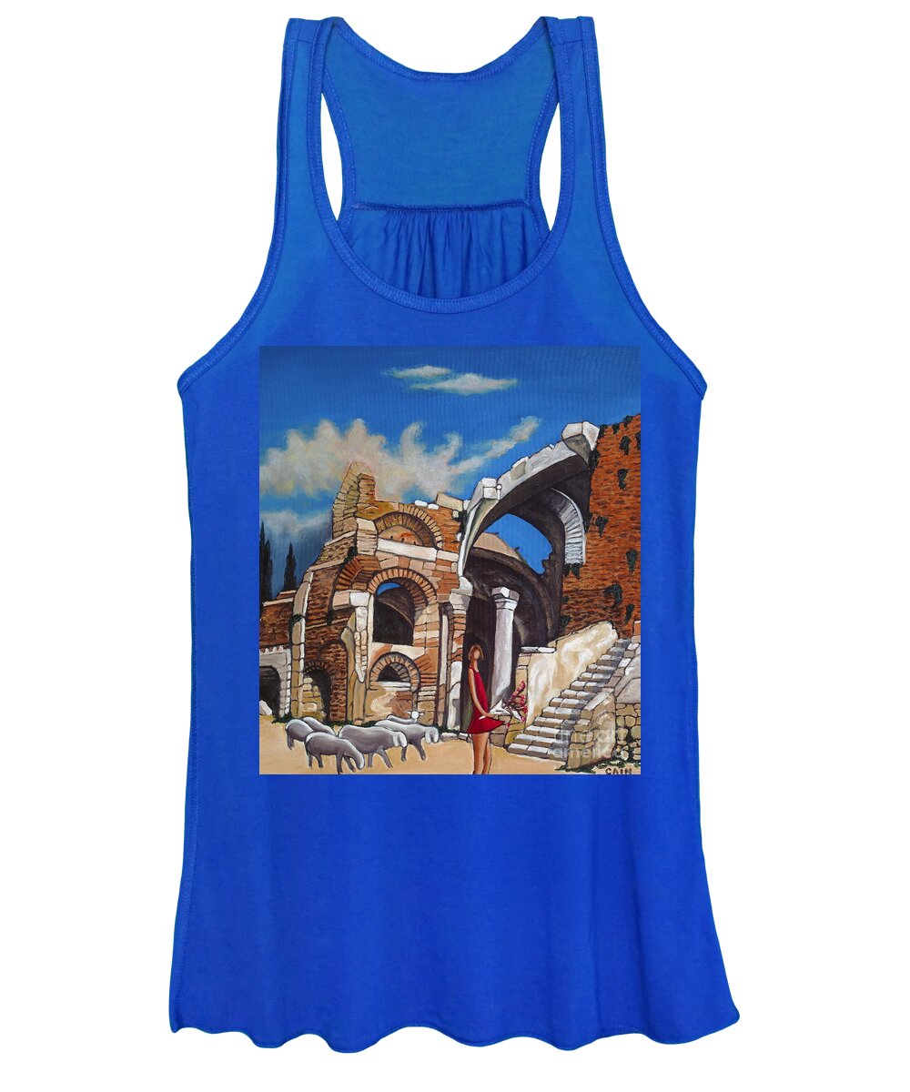 Old Mediterranean Ruins Women's Tank Top featuring the painting Old Ruins Flower Girl And Sheep by William Cain