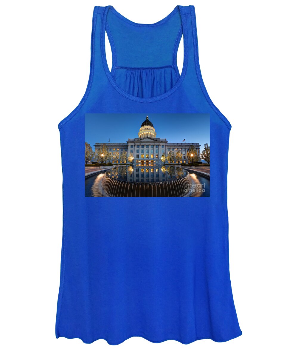 Utah State Capitol Women's Tank Top featuring the photograph Utah State Capitol in Reflecting Fountain at Dusk by Gary Whitton