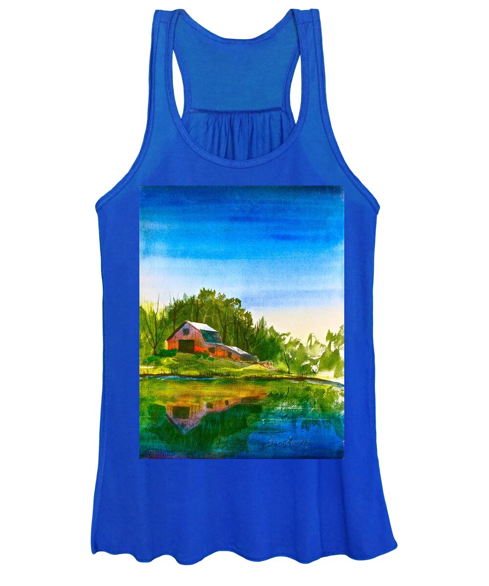 Blue Women's Tank Top featuring the painting Blue Sky River by Frank SantAgata