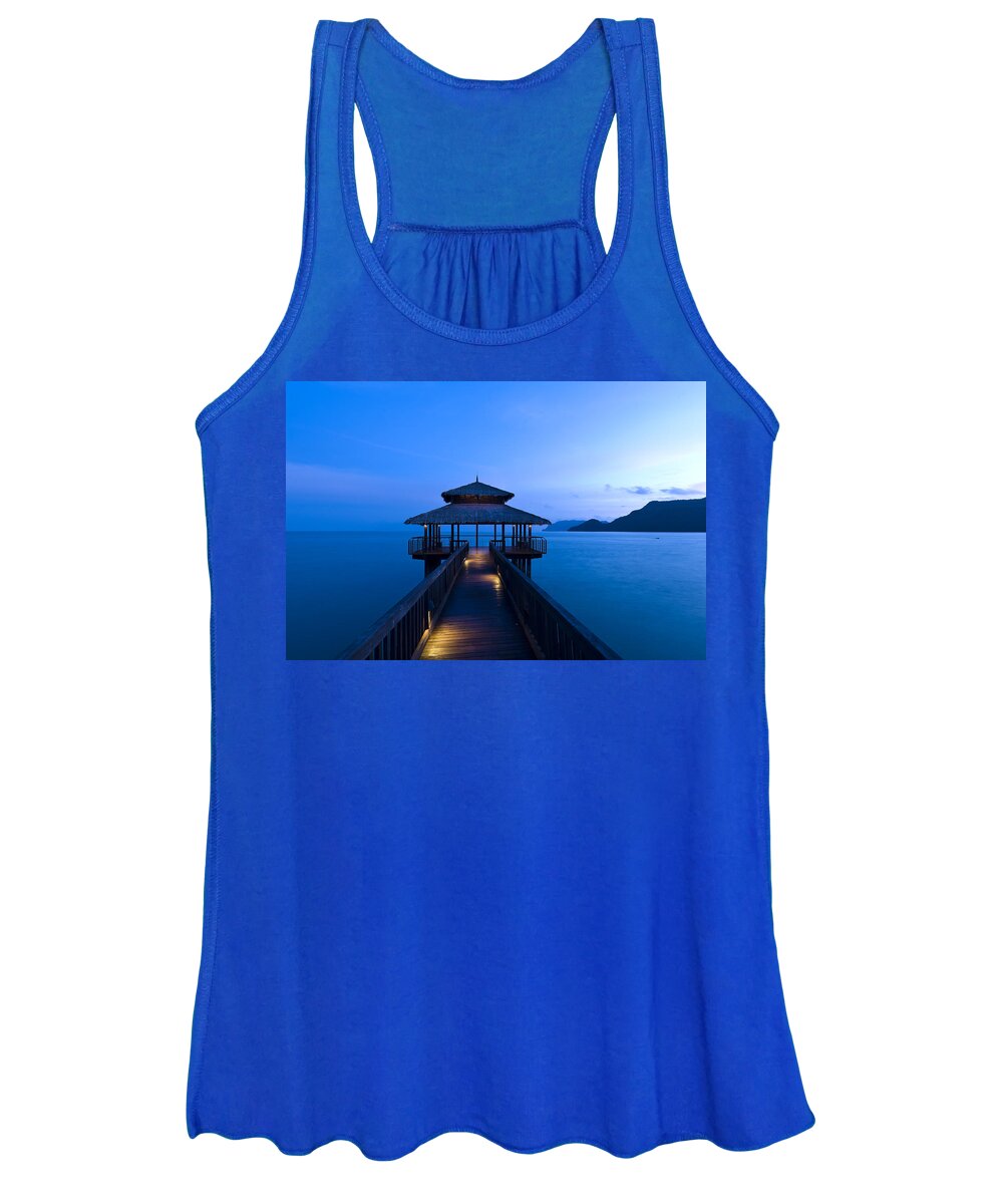 Beautiful Women's Tank Top featuring the photograph Building at the end of a jetty during twilight by U Schade
