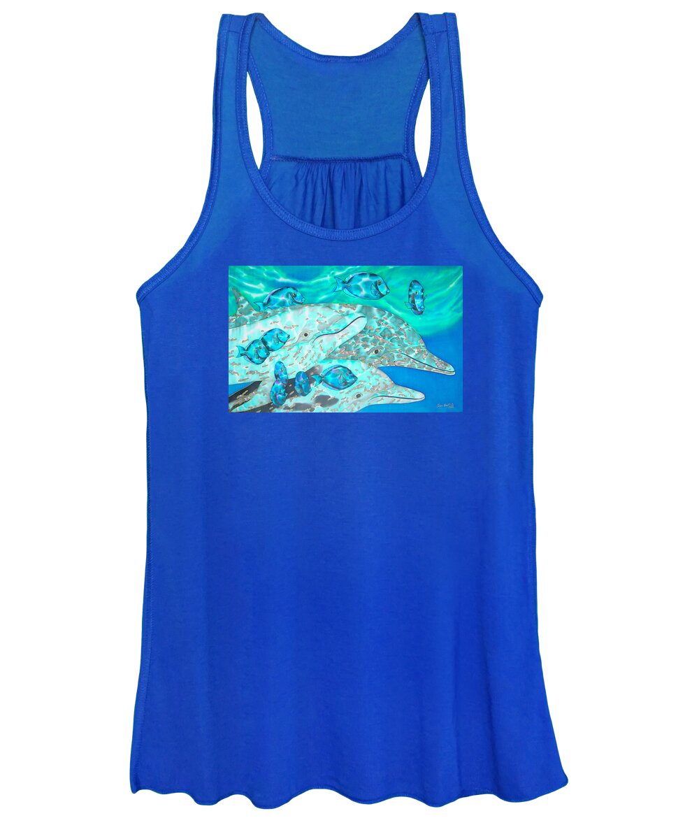 Dolphin Women's Tank Top featuring the painting Spotted Dolphins and Blue Tang by Daniel Jean-Baptiste