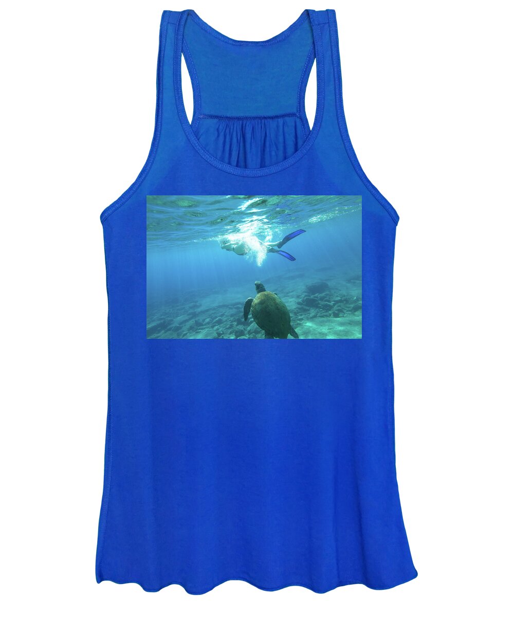 Sea Turtle Women's Tank Top featuring the photograph Snorkeler female sea turtle #1 by Benny Marty
