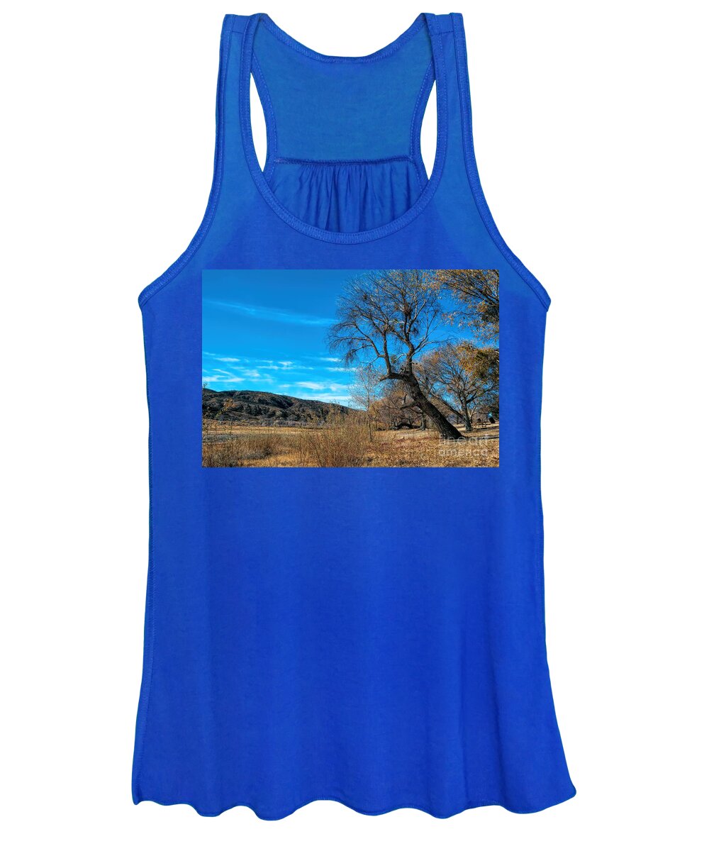 Elizabeth Lake; Sierra Pelona Mountains; Leona Valley; Yellow; Blue; Brown; Sky; Mountain; Trees; Picnic Tables; Abandoned Park Women's Tank Top featuring the photograph Forgotten Park by Joe Lach