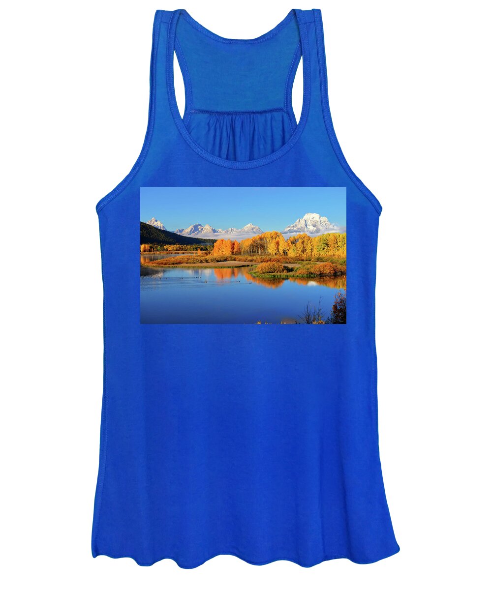 Oxbow Bend Women's Tank Top featuring the photograph Autumn Blue and Gold by Greg Norrell