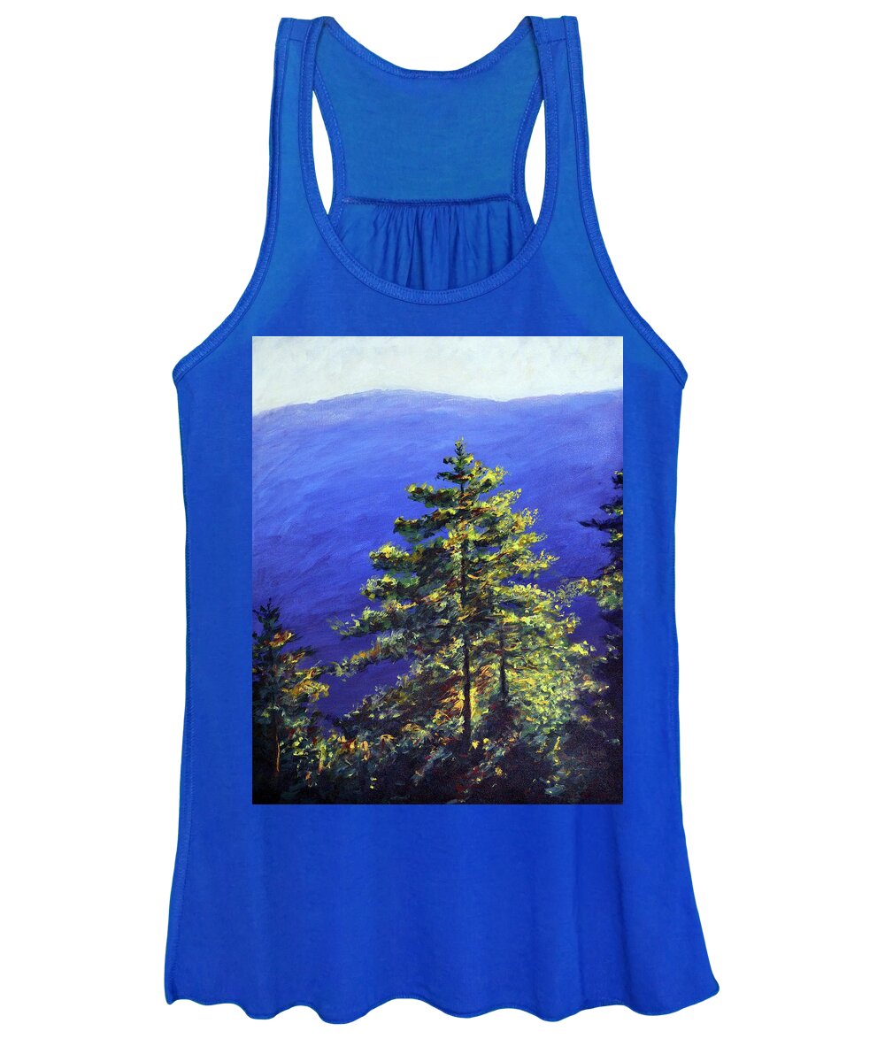 Pine Trees Women's Tank Top featuring the painting Bhutan series - Pine trees and blue mountains by Uma Krishnamoorthy