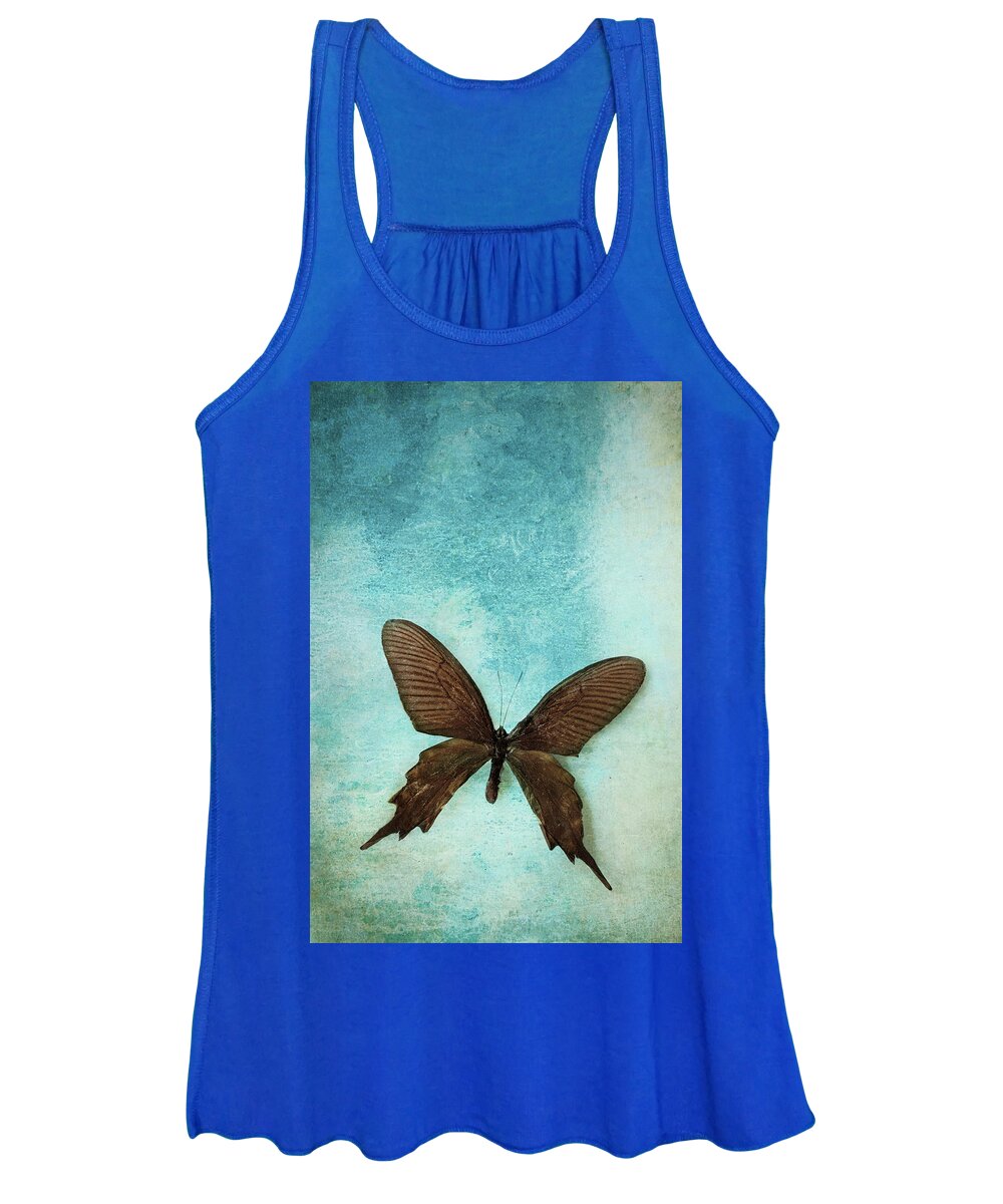 Atrophaneura Aristolochiae Kotzebuea Women's Tank Top featuring the photograph Brown Butterfly over Blue Textured Background by Stephanie Frey