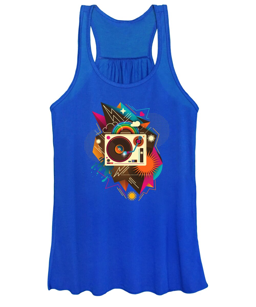 Albums Women's Tank Top featuring the painting Goodtime Party Music Retro Rainbow Turntable Graphic by Little Bunny Sunshine