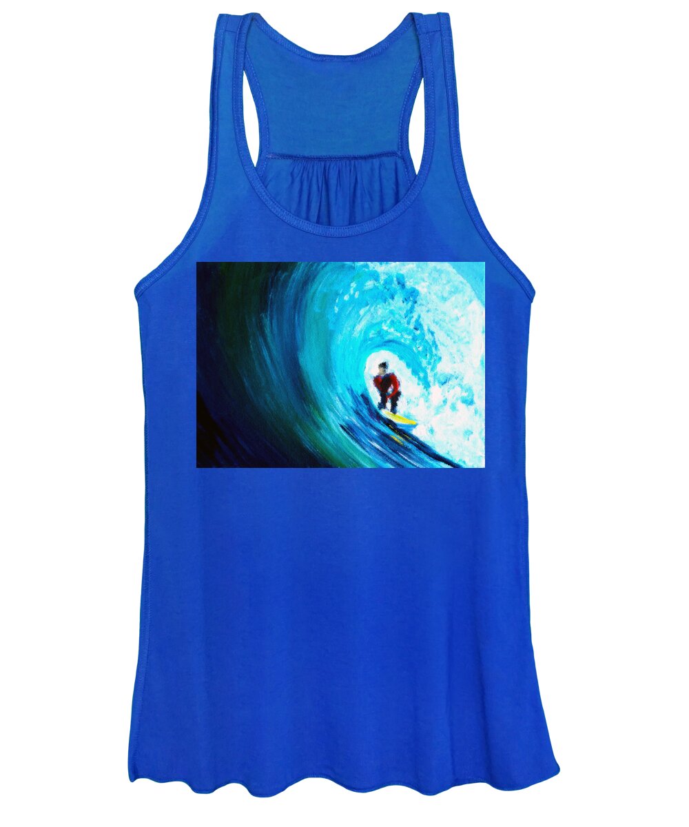 Surfer Women's Tank Top featuring the painting Green Room Surfer in a Wave by Katy Hawk