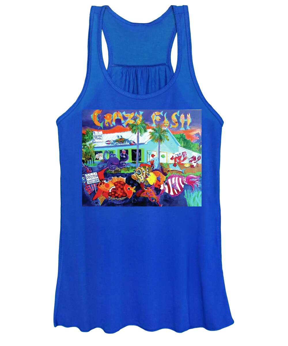 Crazy Fish Restaurant Women's Tank Top featuring the painting Happy Times at the Crazy Fish by Linda Kegley