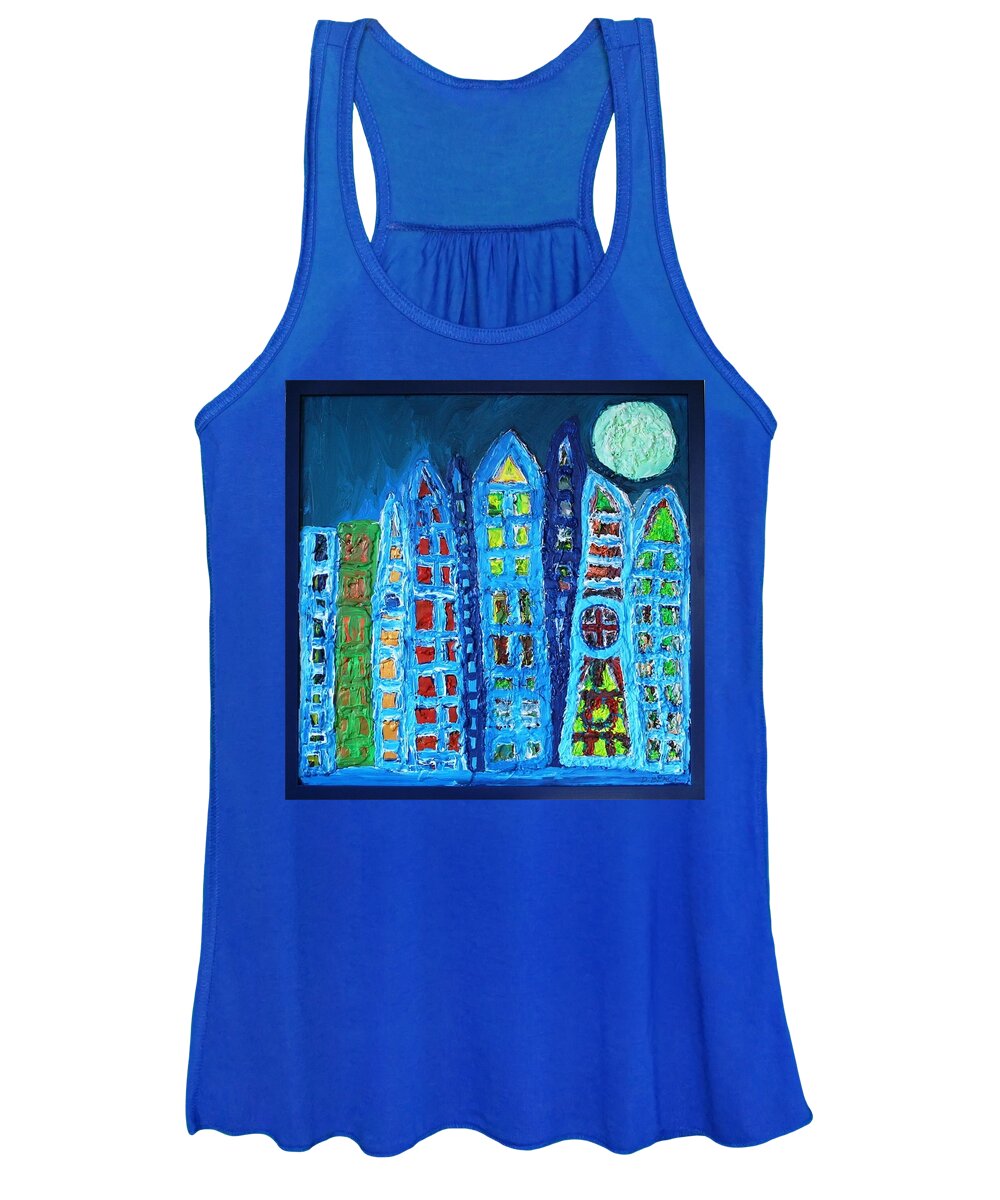 Multicultural Nfprsa Product Review Reviews Marco Social Media Technology Websites \\\\in-d�lj\\\\ Darrell Black Definism Artwork Women's Tank Top featuring the painting Moonlit Metropolis by Darrell Black