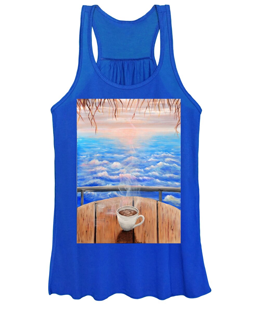 Coffee Summer Sea Bungalow Shadow Sunset Sunrise Sun Waves Cafe Horizon Straw Table Steam Hot Pin Blue Colorful Gray Cup Mug Art Acrylic Clouds Painting Turkish Coffee Women's Tank Top featuring the painting Summer Mood by Medea Ioseliani