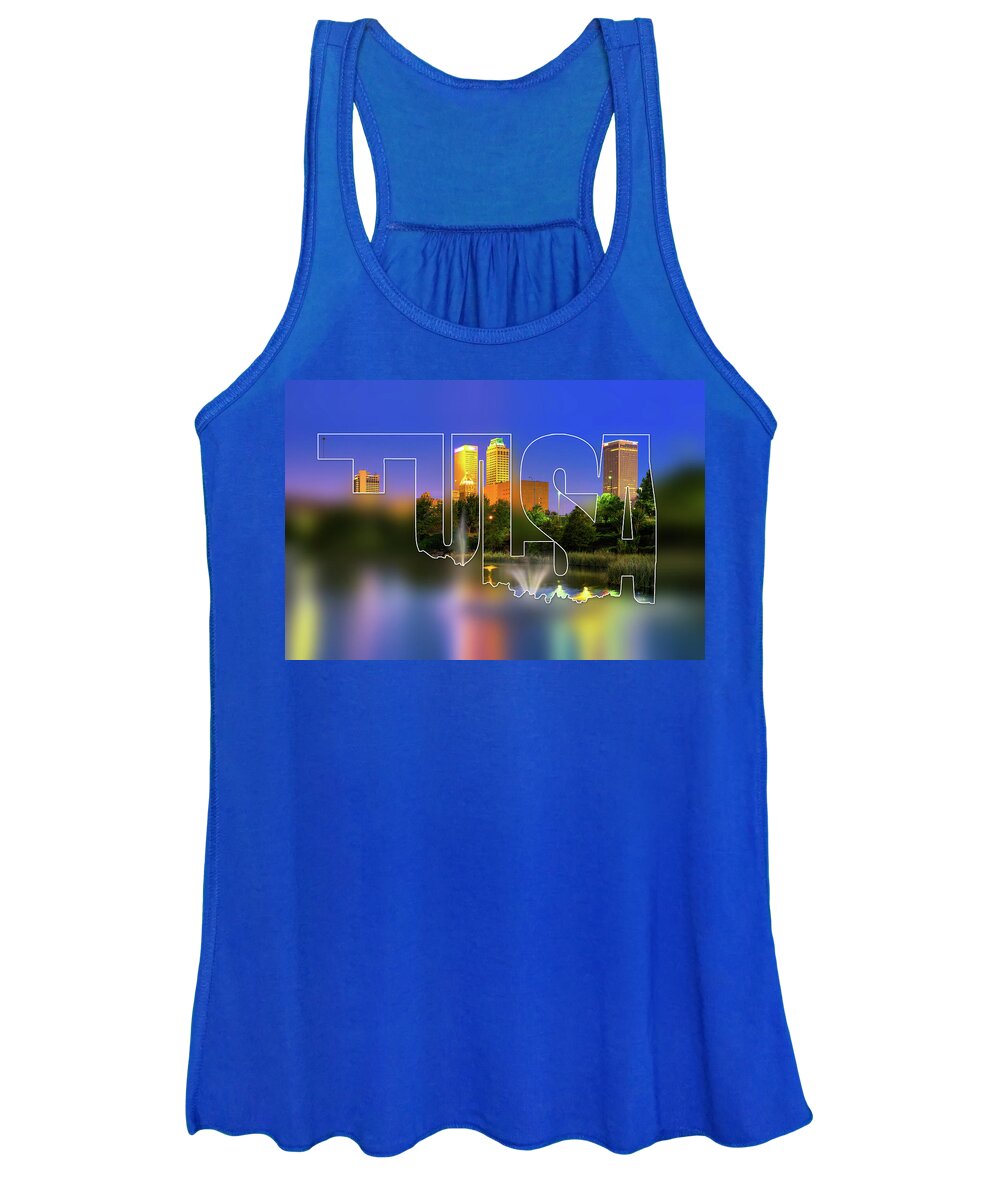 Tulsa Women's Tank Top featuring the photograph Tulsa Oklahoma Typography Blur - State Shape Series - Purple In The Sky - Downtown Skyline Of Tulsa by Gregory Ballos