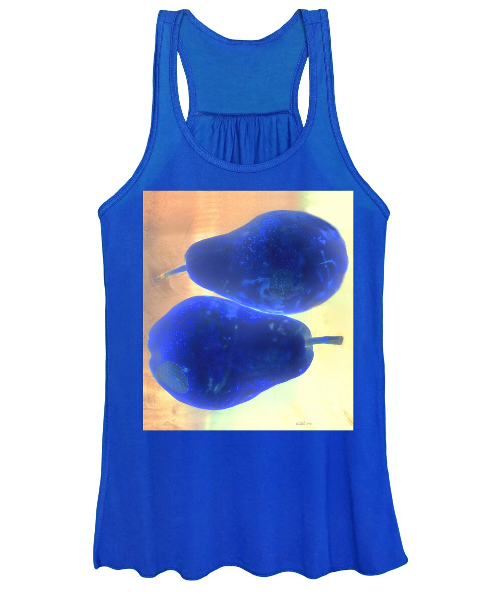 Pear Pair Fruit Stem Skin Flesh Blue Yellow Orange Peach Above Below Women's Tank Top featuring the photograph Two Blue Pears on Peach Stacked by Heather Kirk