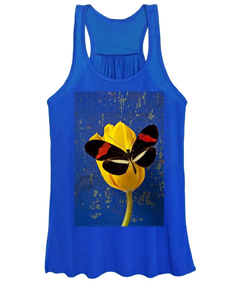 Yellow Women's Tank Top featuring the photograph Yellow Tulip With Orange and Black Butterfly by Garry Gay