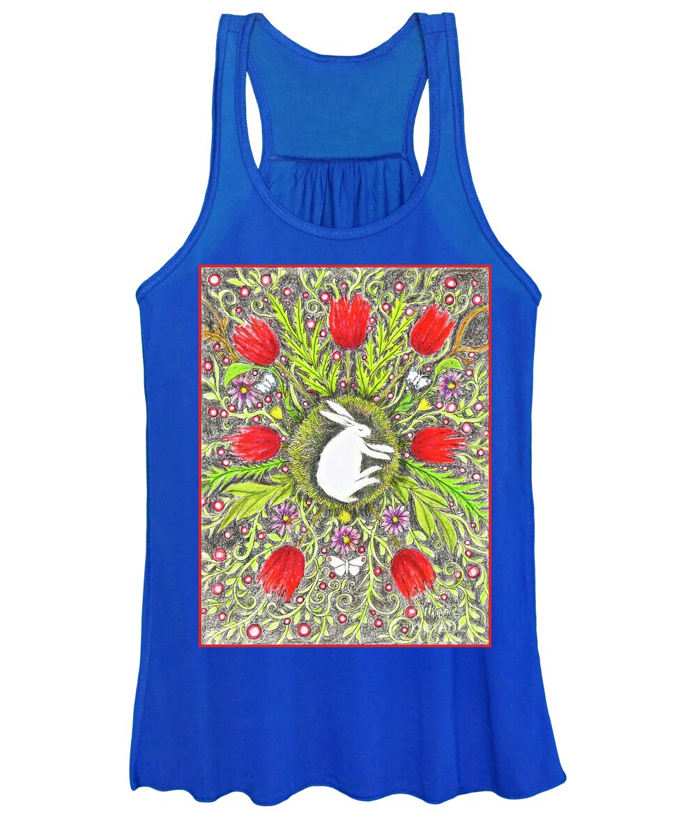 Lise Winne Women's Tank Top featuring the painting Bunny Nest with Red Flowers and White Butterflies by Lise Winne