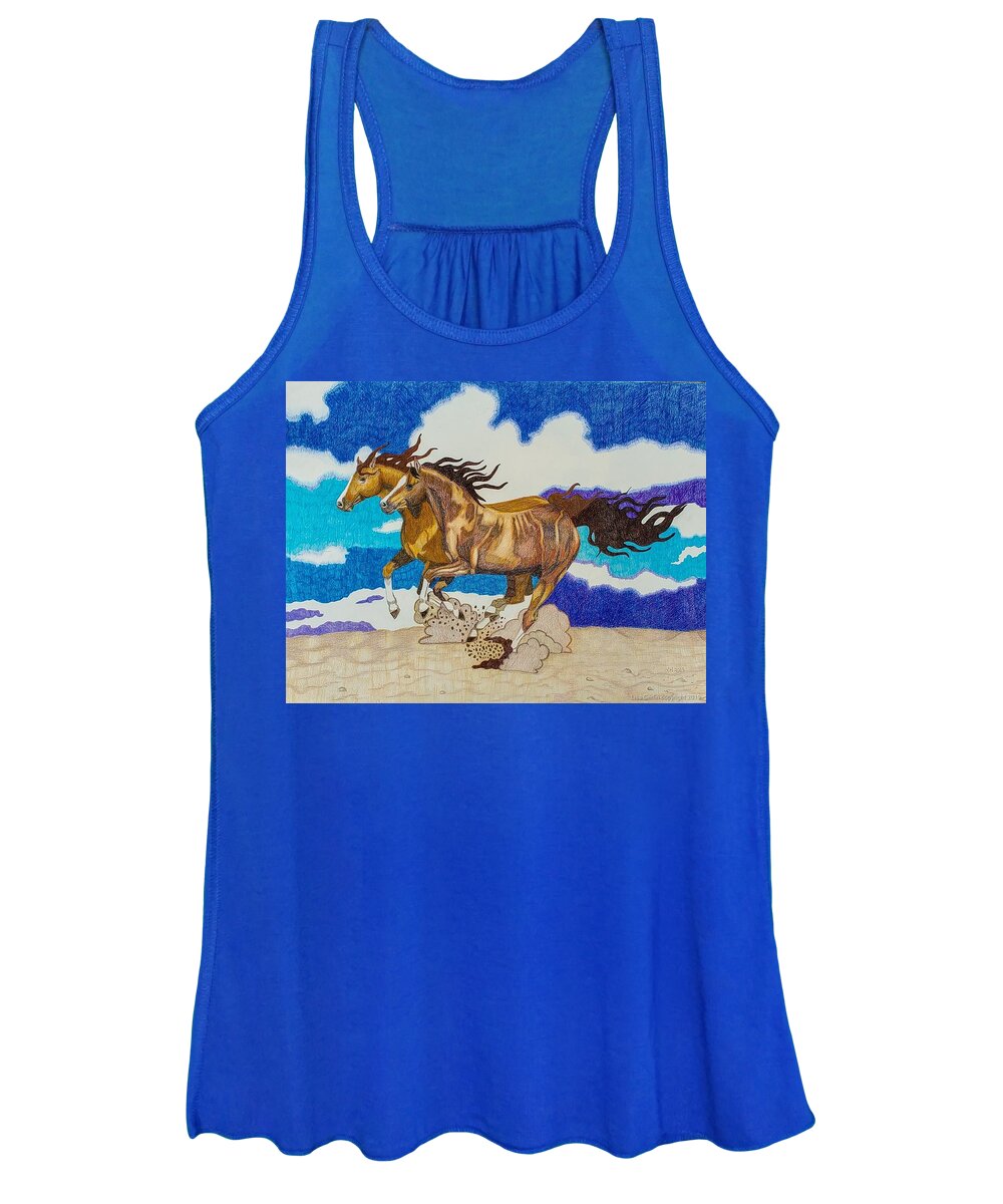 Colored Pencil Drawing Women's Tank Top featuring the drawing Galloping in Sand by Equus Artisan