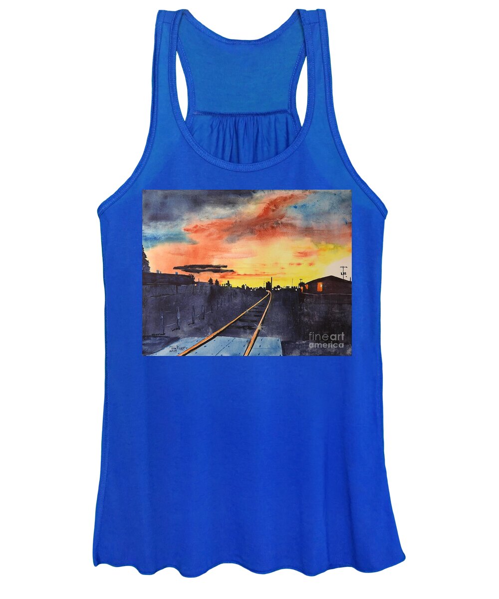 Sun Women's Tank Top featuring the painting Sunrise on the Tracks by Tom Riggs