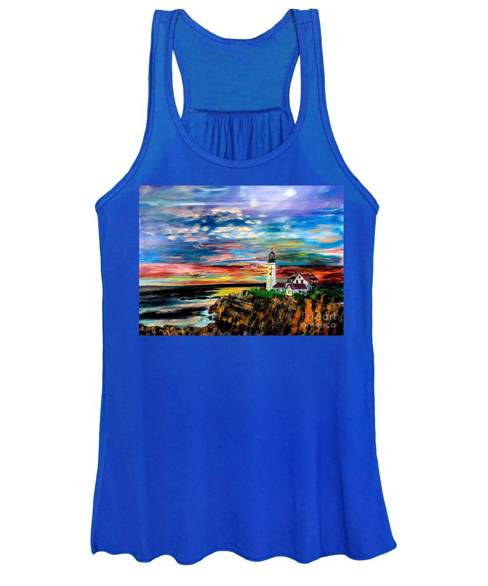 #ortlandheadlight Women's Tank Top featuring the painting Sunrise over Portland head by Francois Lamothe