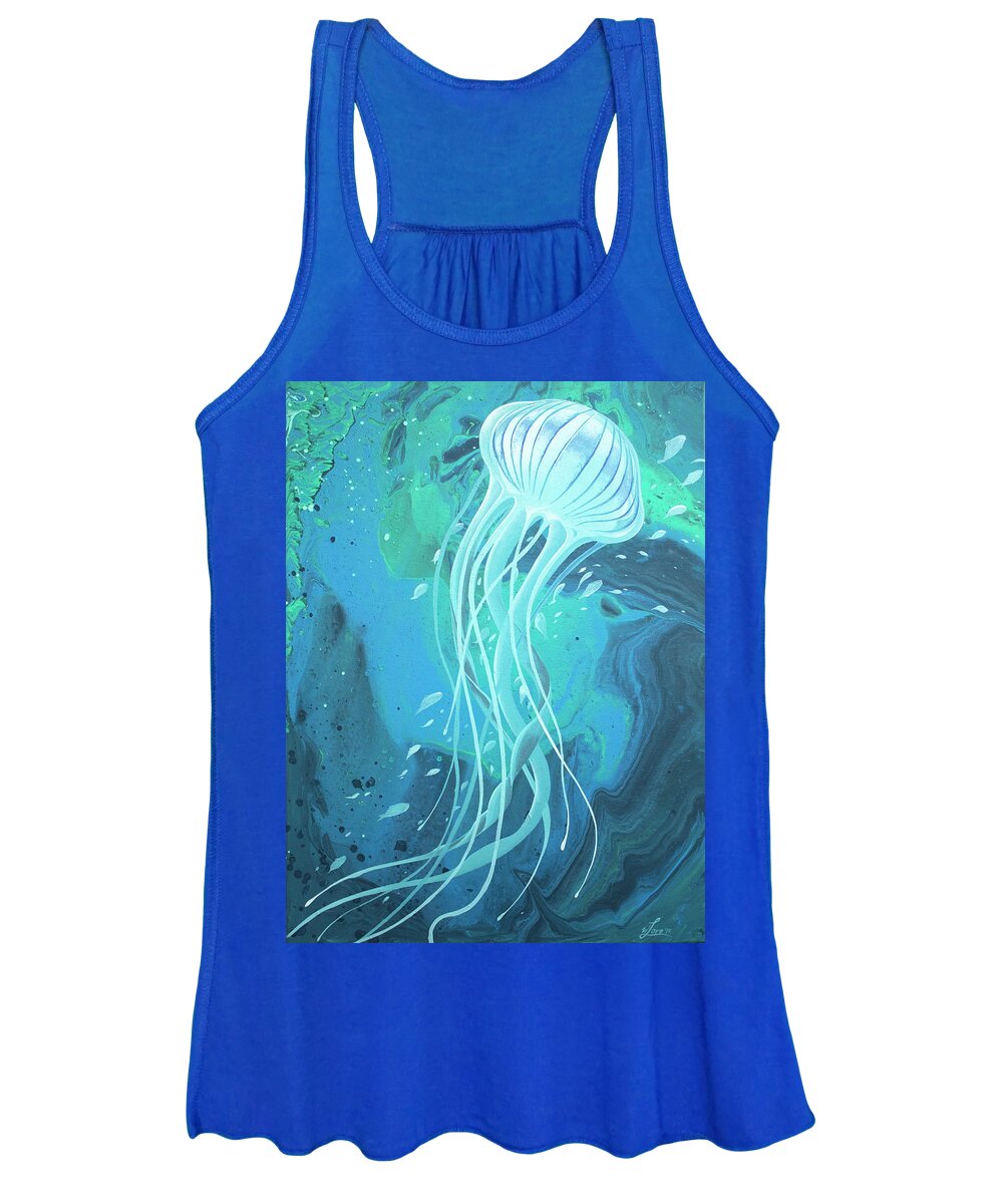 White Jellyfish On Blue - 20” X 16” Acrylic On Canvas Women's Tank Top featuring the painting White Jellyfish by William Love