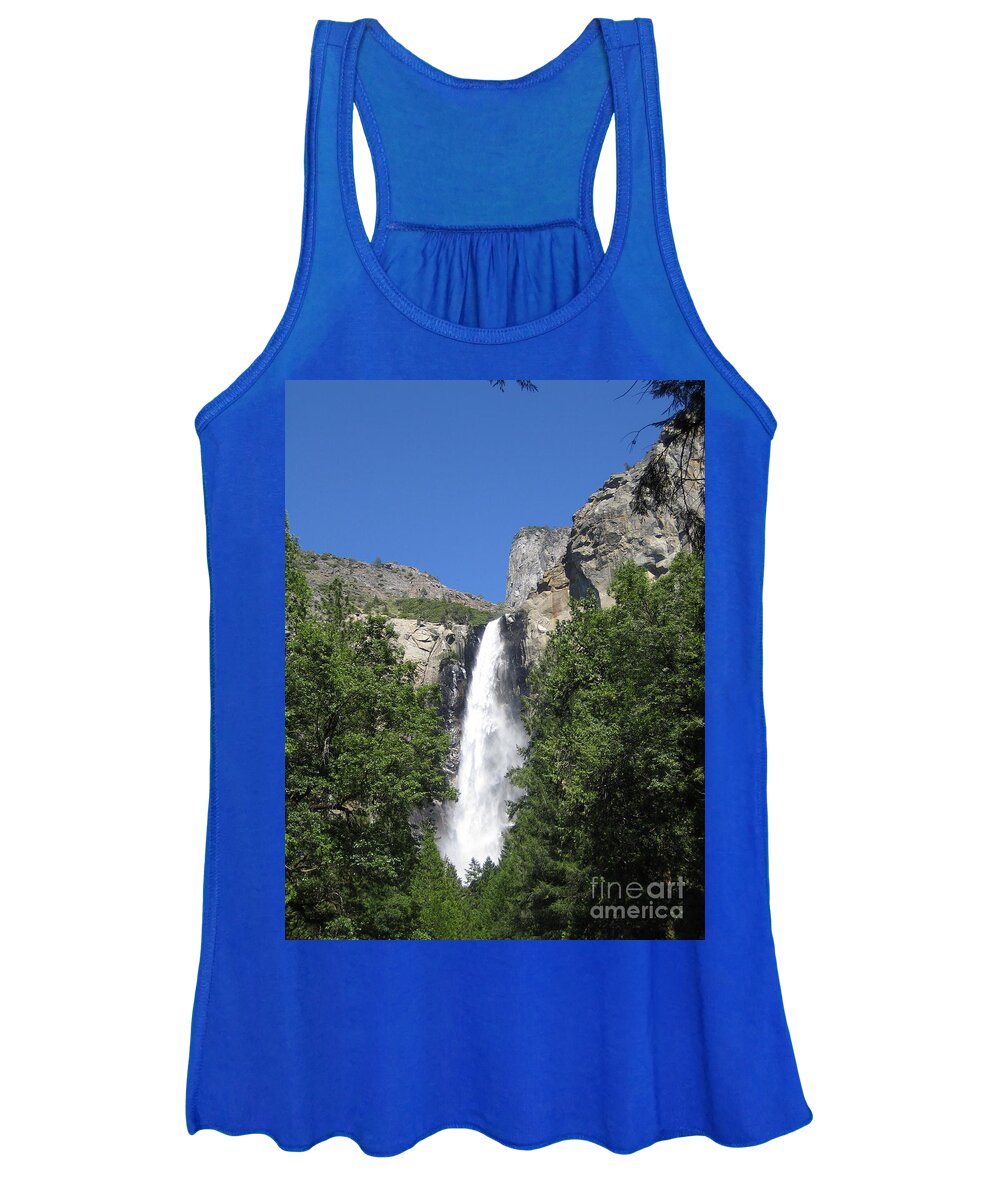 Yosemite Women's Tank Top featuring the photograph Yosemite National Park Bridal Veil Falls Water Fall Blast on a Blue Sky Day by John Shiron
