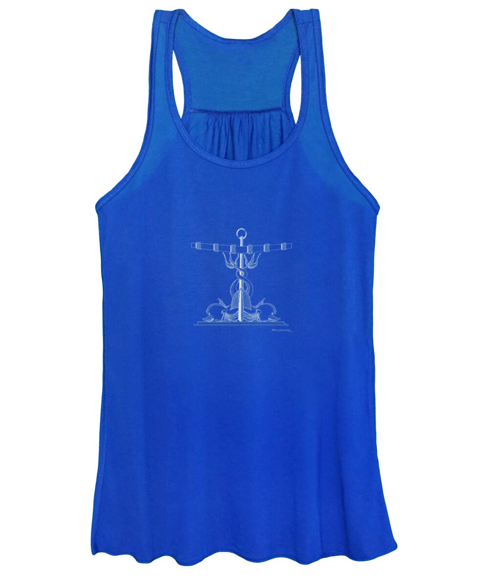 Sailing Vessels Women's Tank Top featuring the drawing Anchor with dolphins - blueprint by Panagiotis Mastrantonis