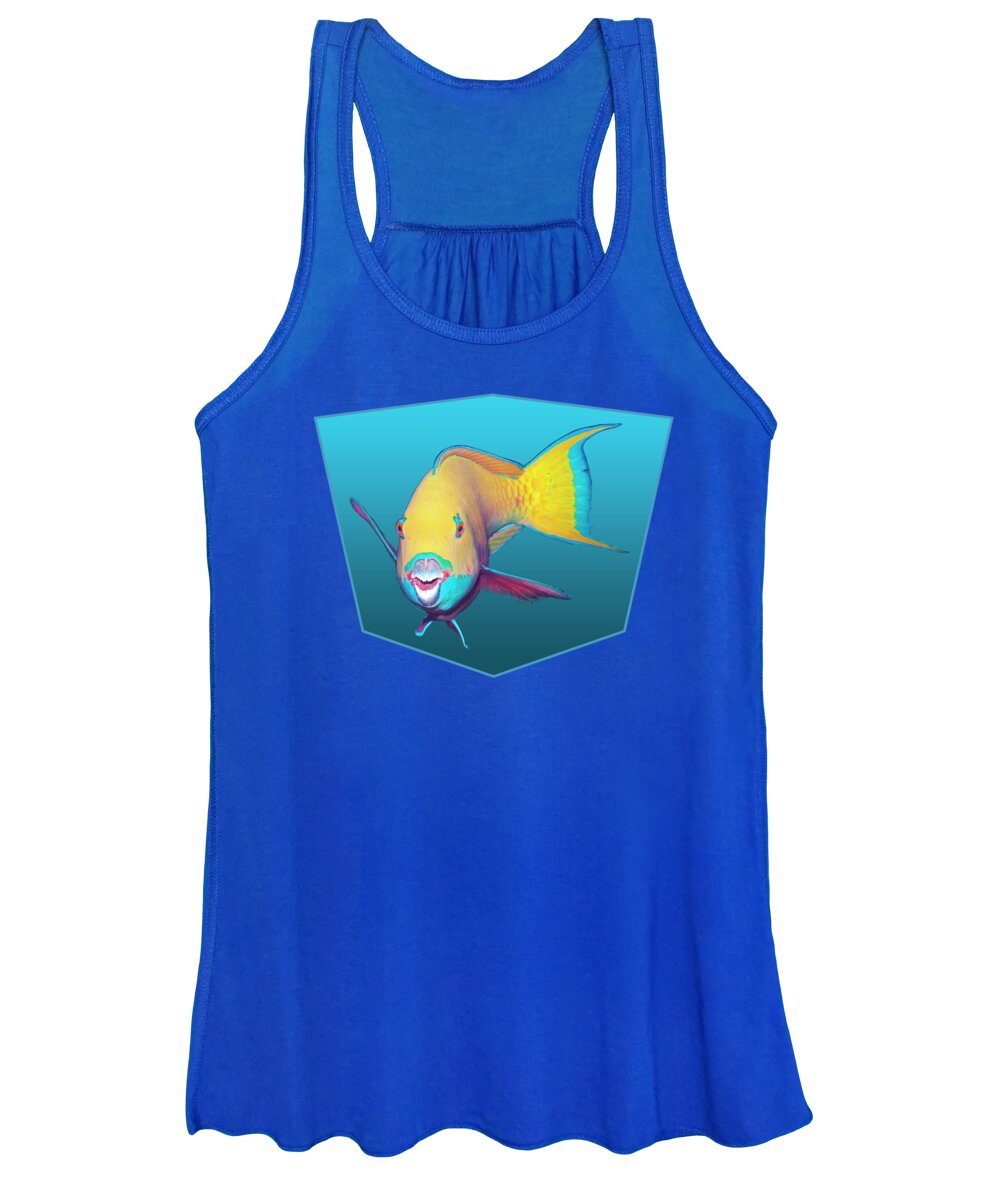 Heavybeak Parrotfish Women's Tank Top featuring the mixed media Parrotfish - Brightly colored on gradient blue background - by Ute Niemann