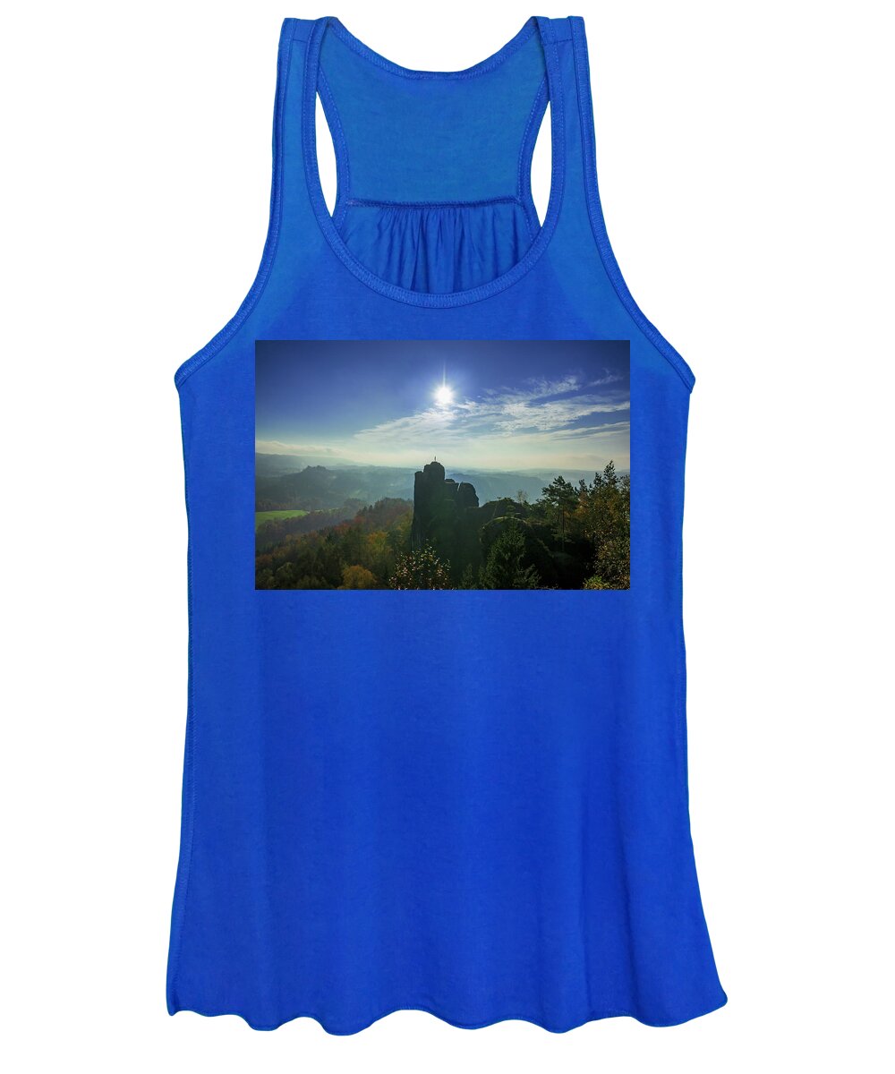 Saxon Switzerland Women's Tank Top featuring the photograph Autumn sunrise in the Elbe Sandstone Mountains by Sun Travels